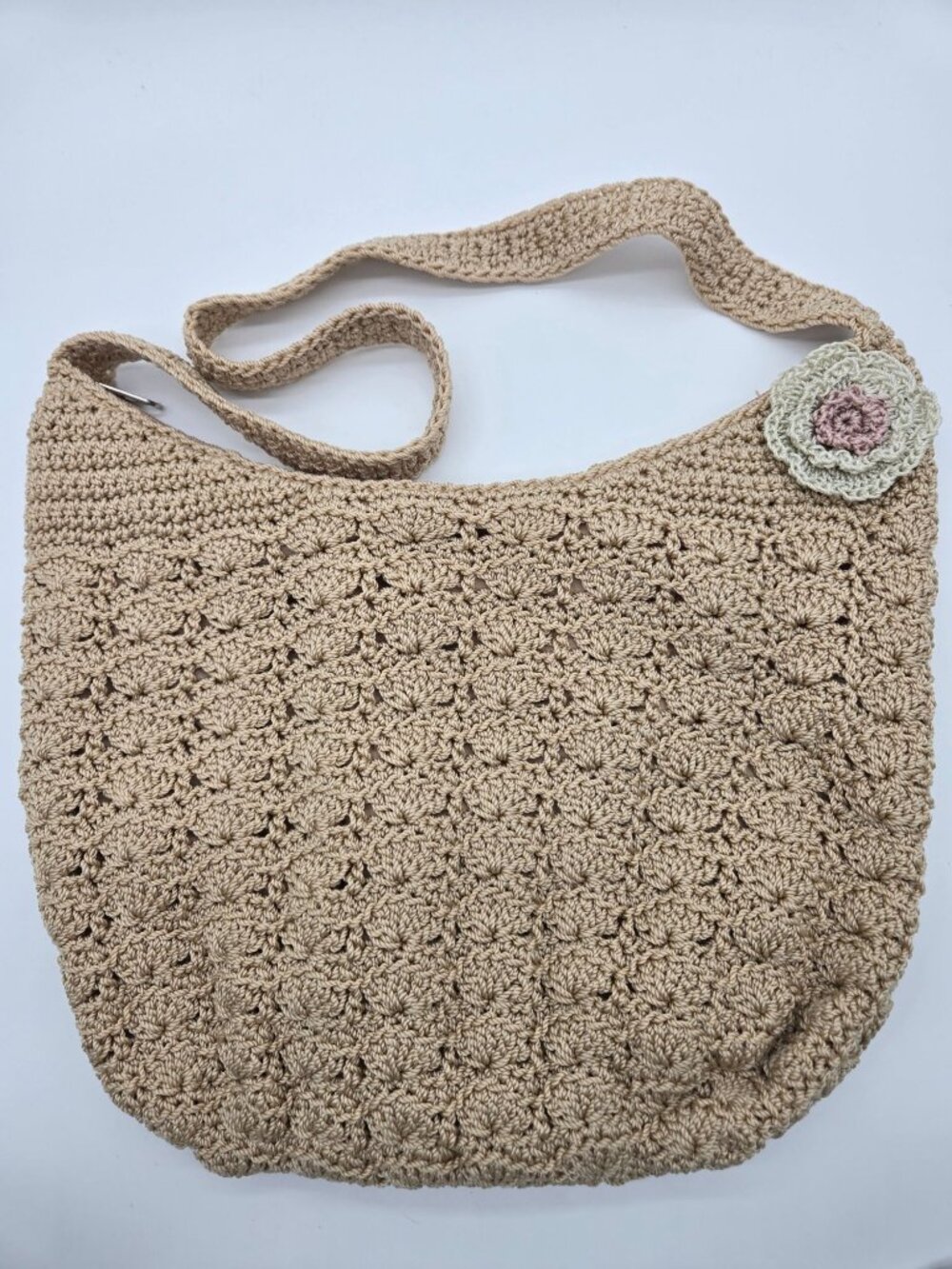 Croft & Barrow Tan Crochet Crossbody Bag Woven Boho Purse Floral Accent Lightwei